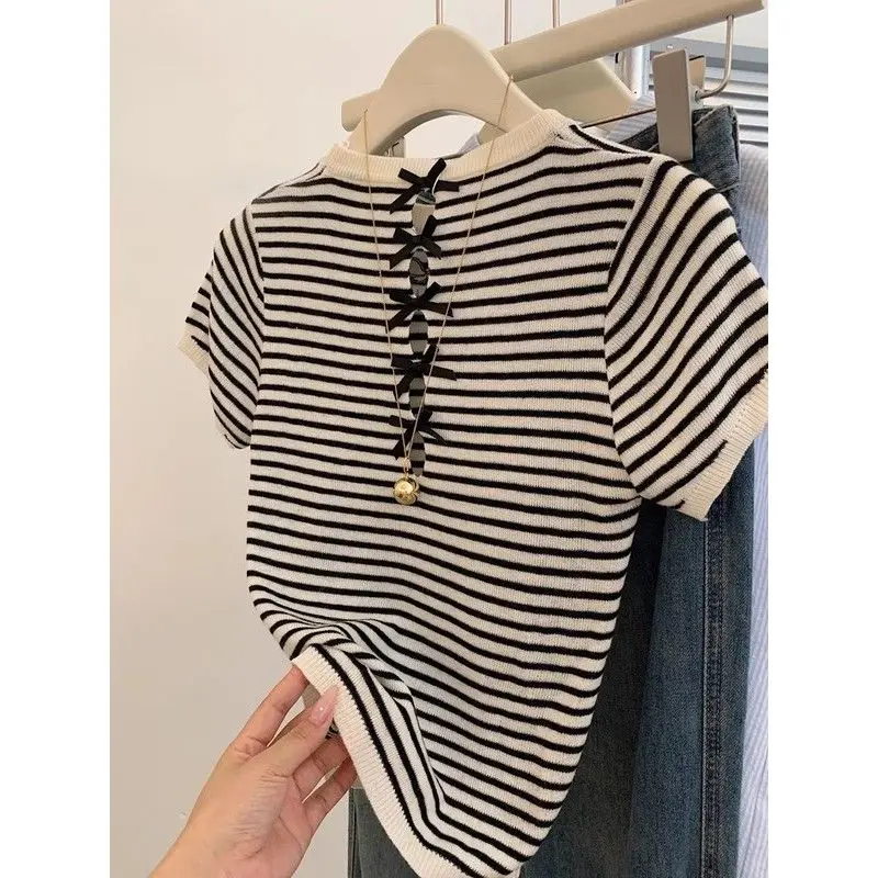

Screw Thread Striped Contrast Color Pullover Round Neck Short Sleeve Sweater Knitted Bow Bandage T-shirt Summer Casual Tops