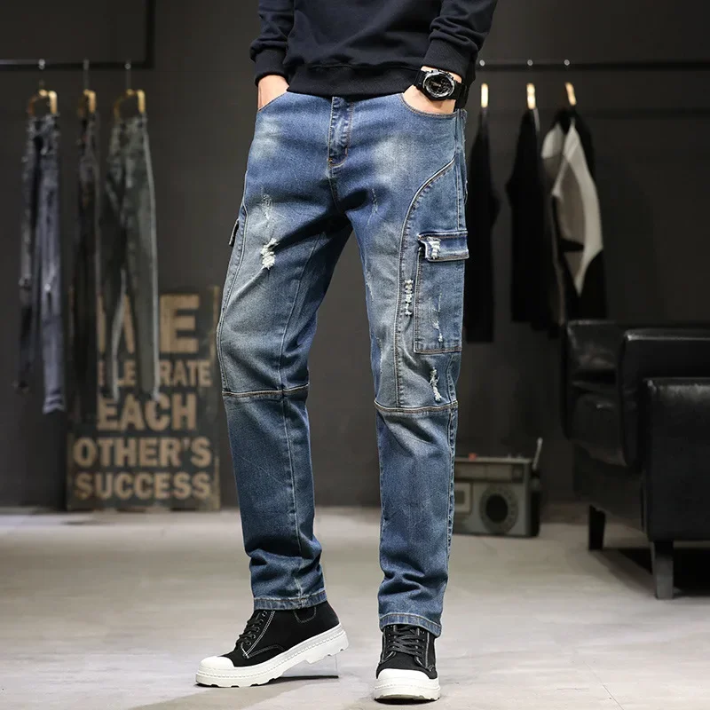 

New Spring Summer Multi-Pocket Baggy Jeans Mens Streetwear Cargo Denim Pants Straight Jean Trousers Plus Size 40 42 44