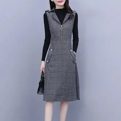Sleeveless Vest Dress Women lattice Mid length A-line Dresses 2026 Autumn New Fashion Autumn Women's Clothing