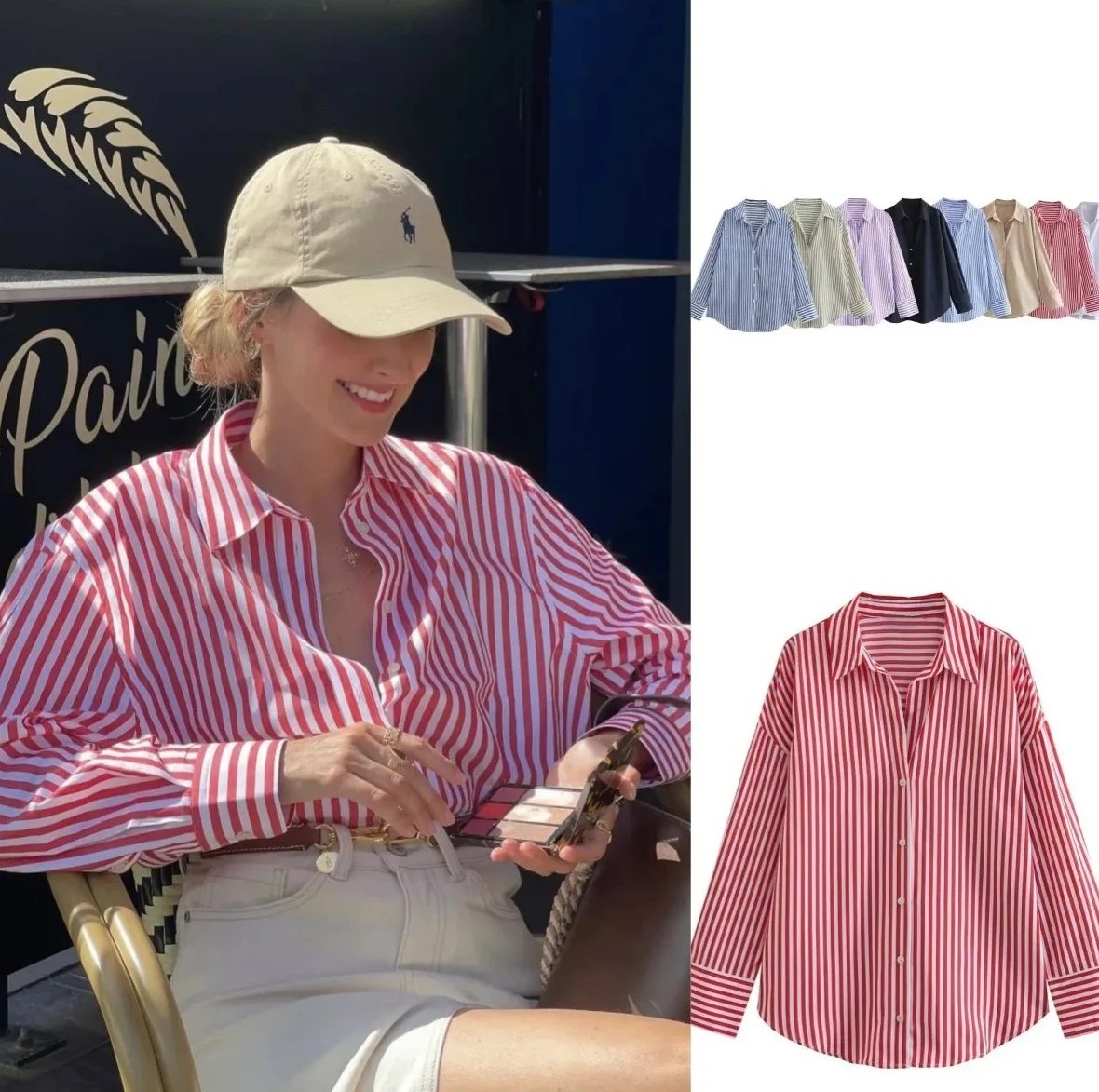 

Women New Europe American Fashion Striped Poplin Shirt Long Sleeve Lapel Loose Version Multi Color Selection Casual Chic Top