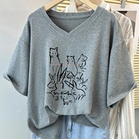 Plus Size 6XL 150KG Summer Cat Women's Cotton T-shirt Short Sleeve V Neck Lady Tops Pullovers Big Large Size Tees Woman Clothing