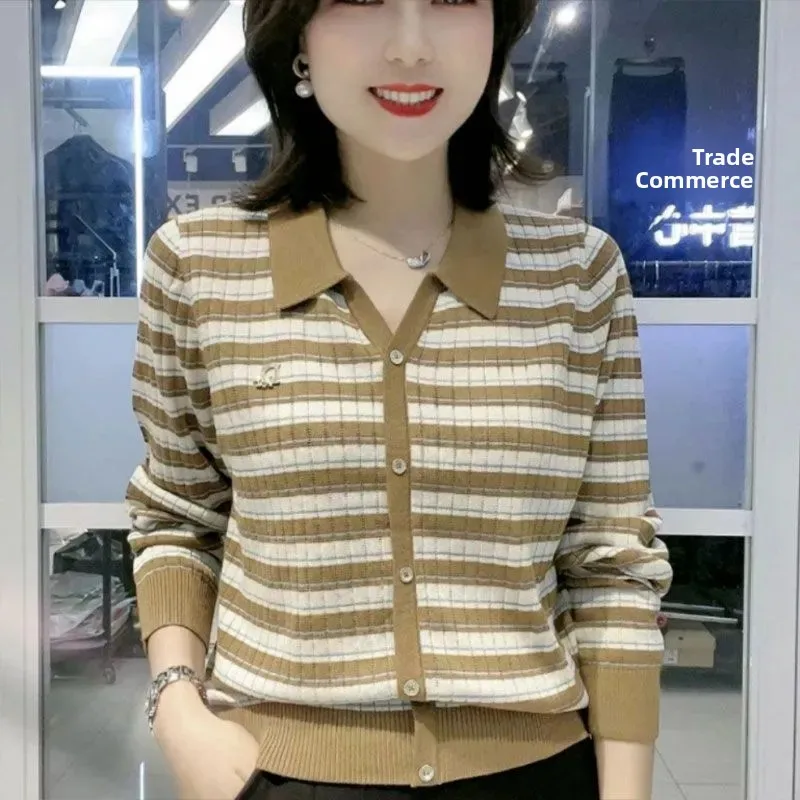 

Женский вязаный свитер в полоску с длинным рукавом, осенний базовый топ больших размеров, модная рубашка с воротником