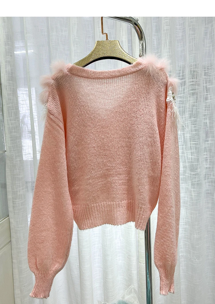 2023 New Women Real Fox Fur Oversize Loose Spring Fox Fur Strip Sewed Together Outside Decoration Lady Fashion Sweater Cardigan