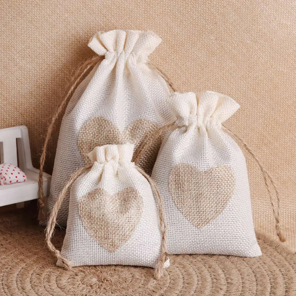 10pcs/lot Beige Heart Linen Drawstring Bag