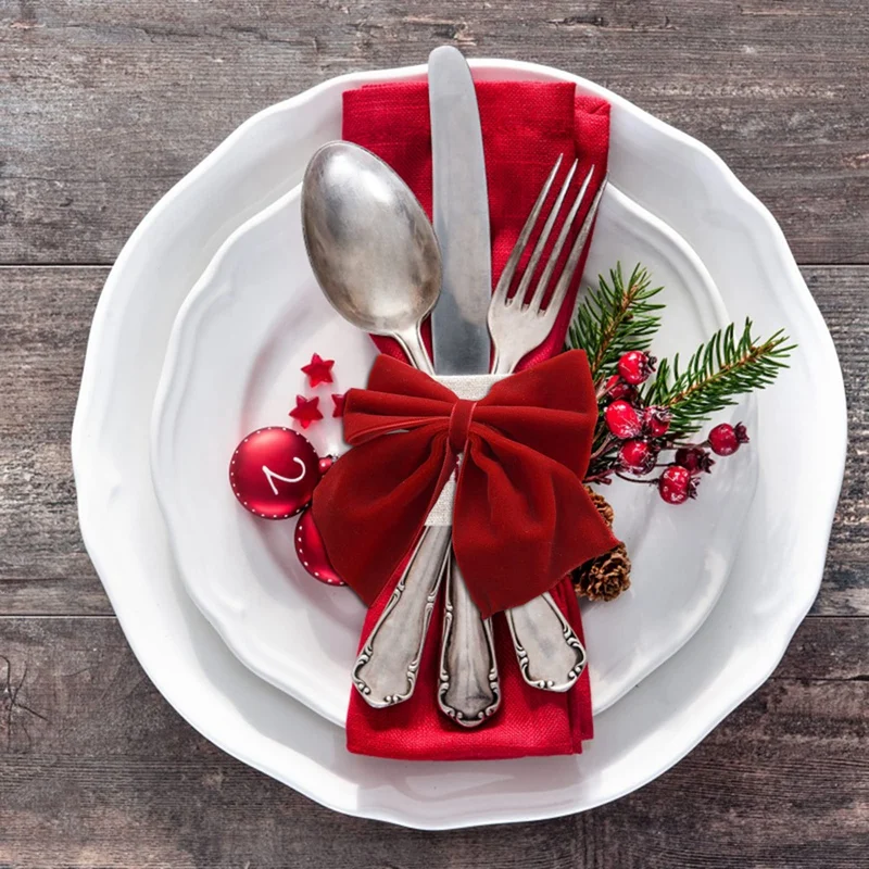 8 Red Bow Napkin Holder Rings, Velvet Bow Xmas Napkin Holder Buckle Table Decoration For Christmas Holiday Party Dinner Durable image 3