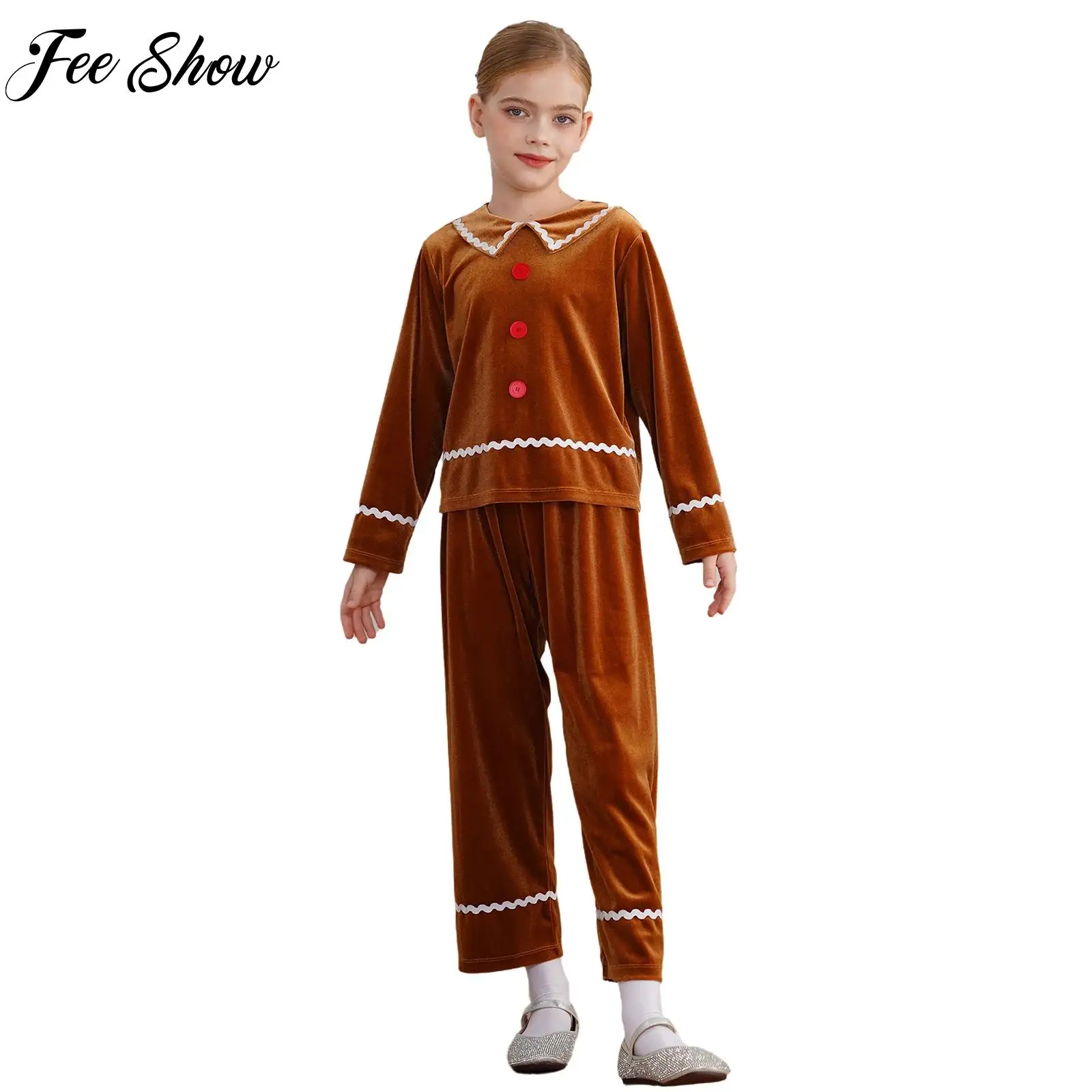 Girls Boys Christmas Gingerbread Man Costume Warm Brown Velvet Gingerbread Elves Split Suit Sleepwear Halloween Cosplay Costume