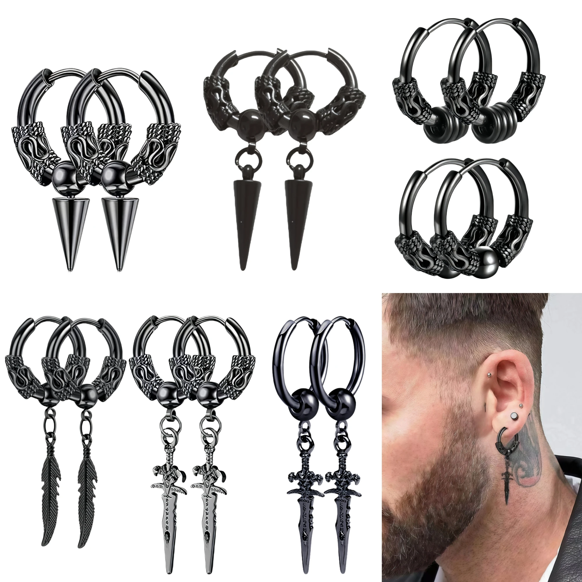 3-4Pairs Leaves Feather Punk Vintage Black Stainless Steel Round Hoop Earring Set for Man Woman Teens Jewelry Y2k Accessory New