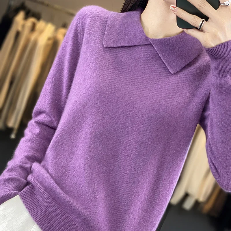 

Autumn Winter Women's Sweater 100% Merino Wool Pullover Turndown Collar Long Sleeve Base Shirt Female Casual Loose Knit Jumper