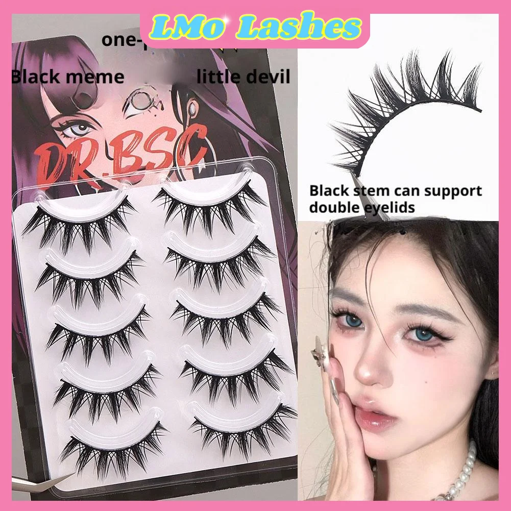 الكورية 5 أزواج أسود كامل قطاع جلدة نظرة طبيعية Wispy رقيق رقيقة الفرقة أنيمي الشيطان الصغير مانغا جلدة ماكياج