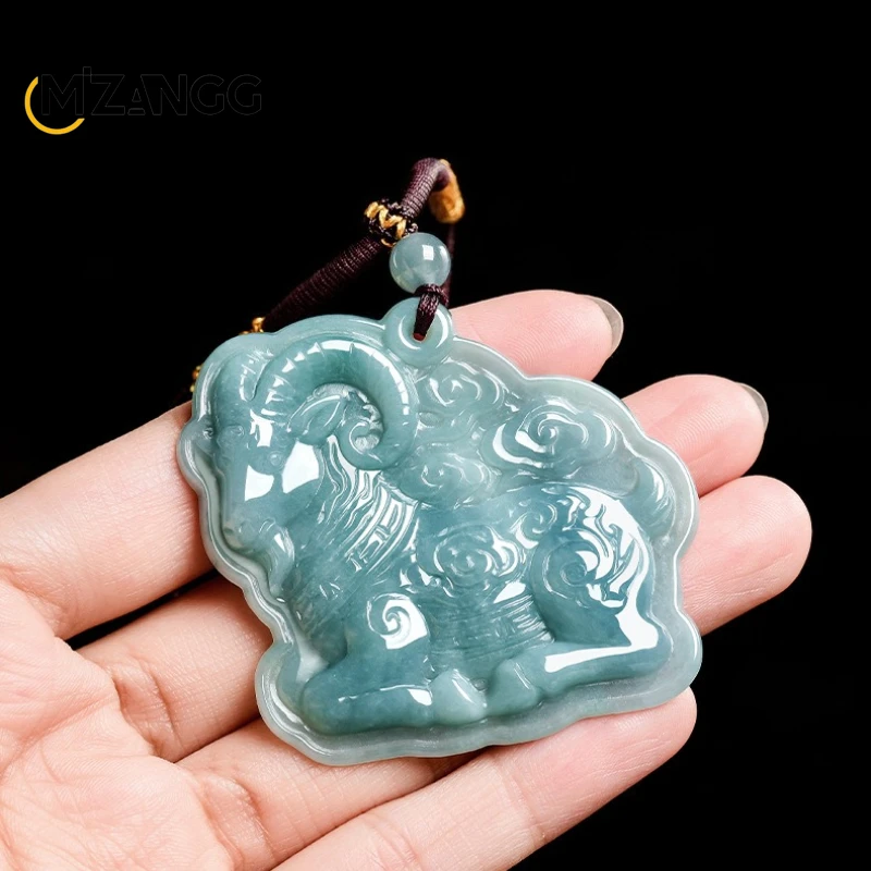 Natural Jadeite Auspicious Sheep with Cloud Pendant Exquisite Carving Ice-grade Men's and Women's Jade Necklace Festival Gift