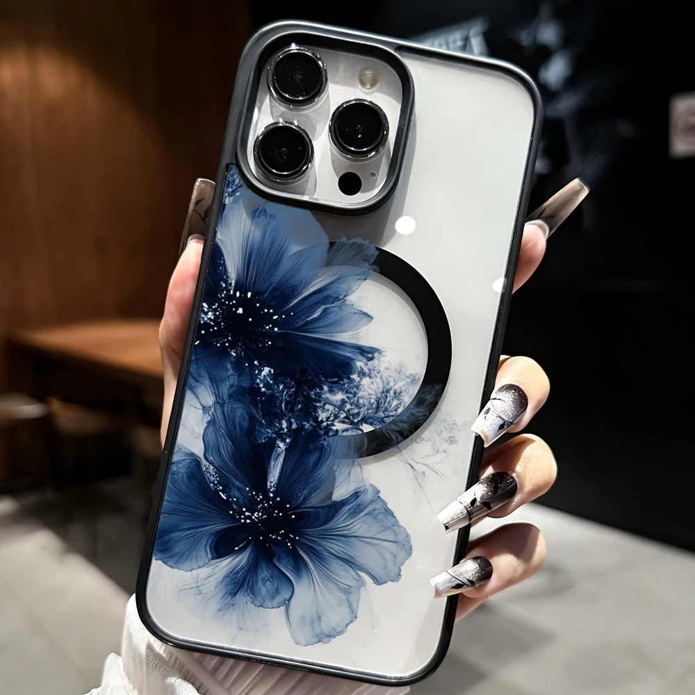 Tintenblaue Blumen-Transparenthülle für Magsafe iPhone 11 15 16 Pro Max 17 14 11 13 12 Pro Max Plus Hülle Magnetisches Kabelloses Laden Coque – Detail 4