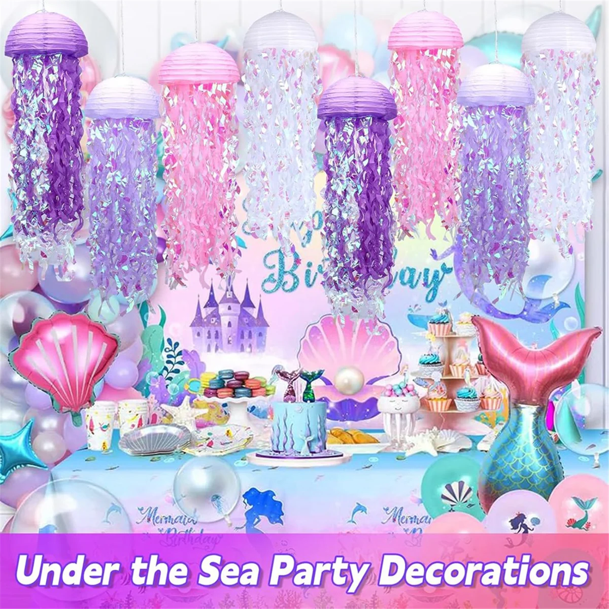 AA83 Paper Lanterns Set, 8Pcs Jellyfish Decorations for Under the Sea Partys Decorations Supplies, Jellyfish Lanterns