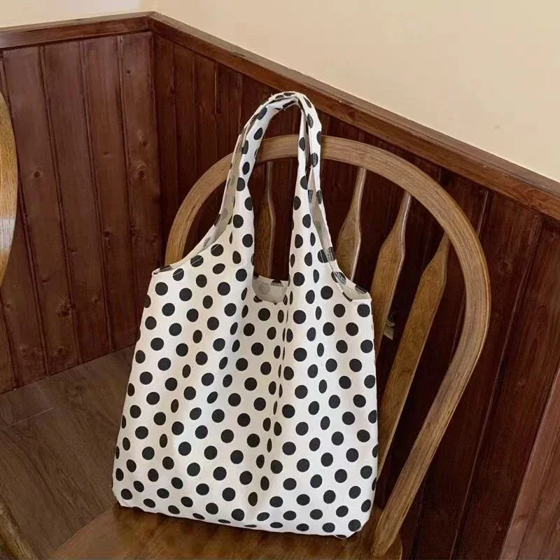 Effortless Chic Lady Polka Dot Handbag,Large Capacity Beach Travel Canvas Tote Bag,Lazy Aesthetic Artistic Casual Shoulder Bag