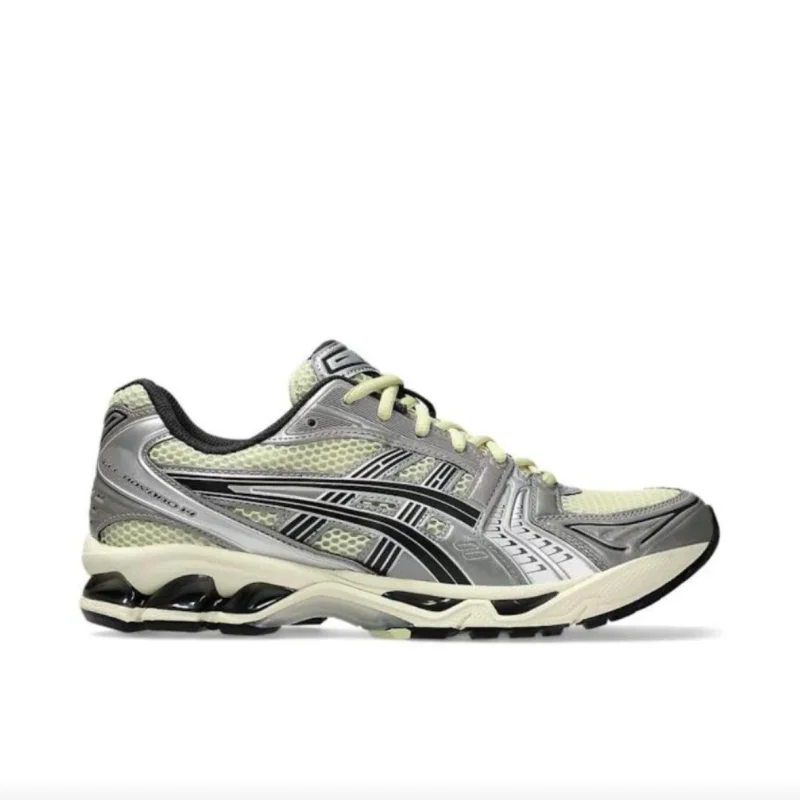 حذاء الجري Asics Gel-Kayano 14 بمقدمة مستديرة ورباط ومضاد للانزلاق ويمكن ارتداؤه ومنخفض للجنسين باللون الفضي والأزرق