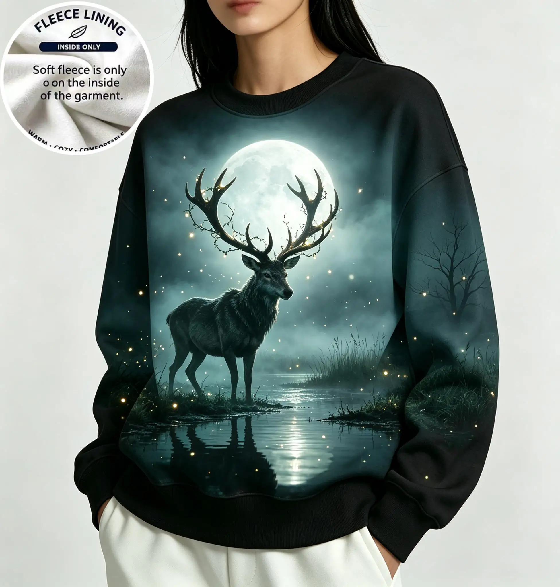 Night Forest Howling Wolves Print Women Crew Neck Fleece Sweatshirt, Fashion Long Sleeve Top