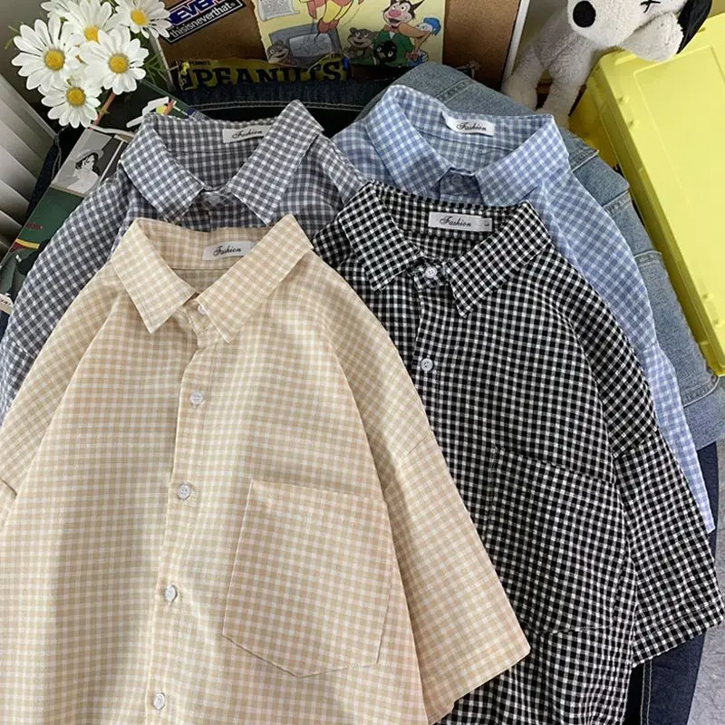 

Turn-down Collar Summer Thin Capable Women's Clothing 2023 Loose Neutral Plaid Printing Button Short Sleeve Office Lady Blouses