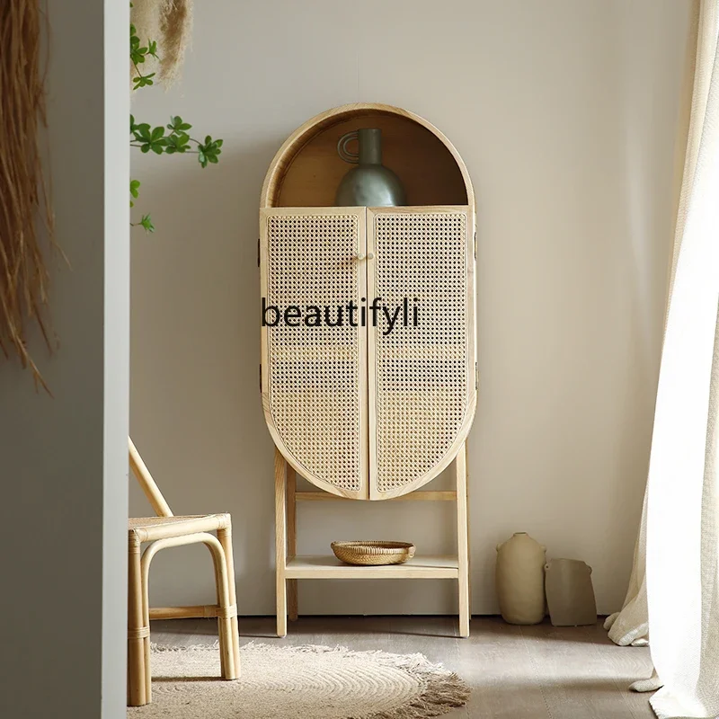 

Wabi Sandy Wind Solid Wood Dining Side Cabinet Household Ash Wood Rattan Double Door, Locker Hotel Storage Locker H