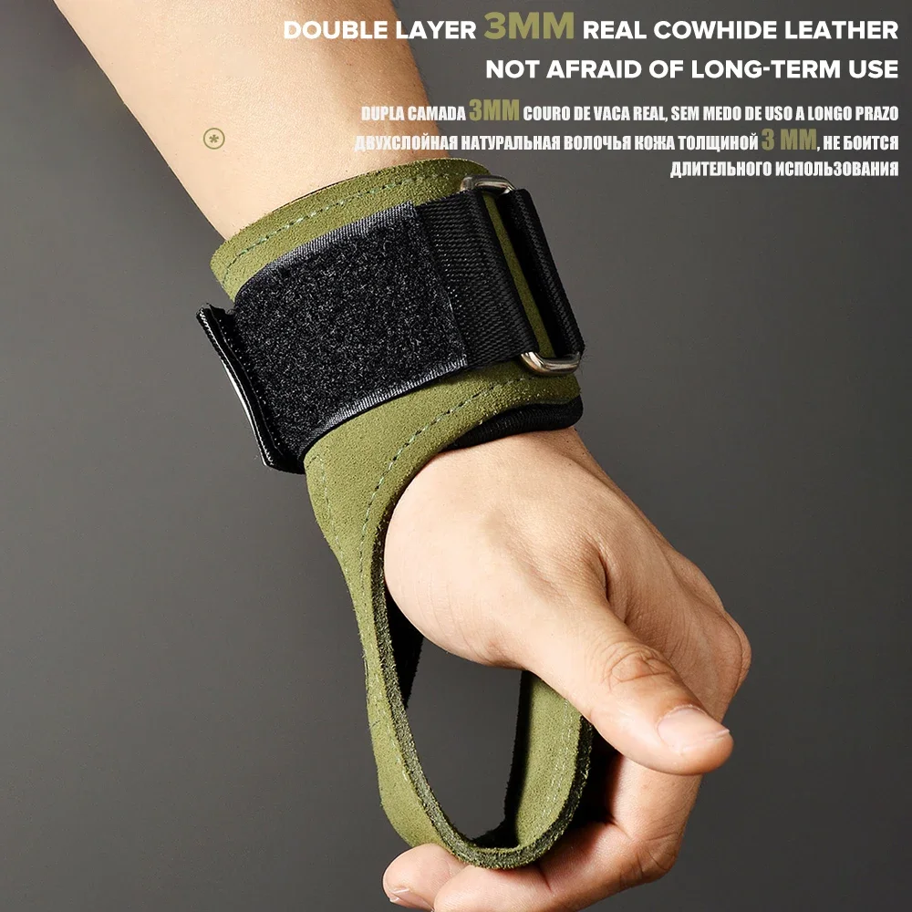 1 Pair Anti-Skid Cowhide Gym Fitness Gloves Palm Protector Pads Power Belt Straps Wrist Support Braces for Deadlift Exercise