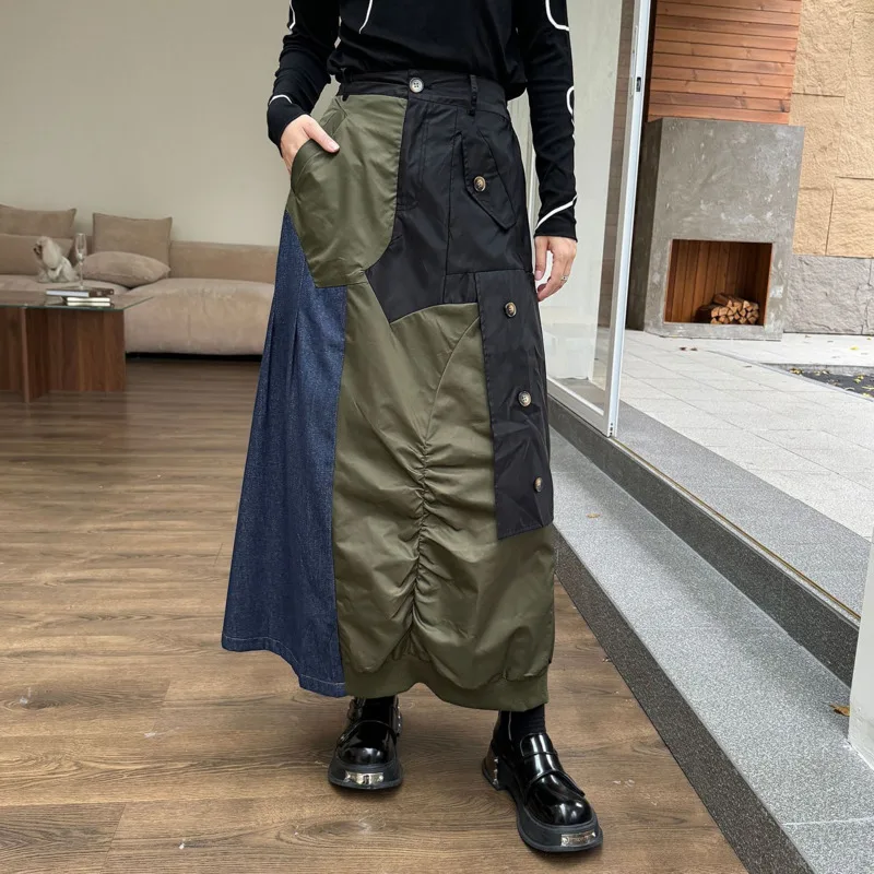 HKSH Spring Autumn New Women Skirt Asymmetric Color Block Patchwork Denim American Retro Streetwear Casual A-Line Skirts HK16642