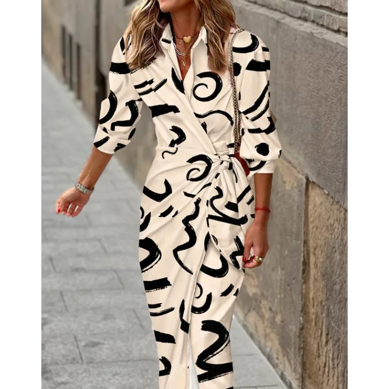 Neue Damenmode mit langen Ärmeln, bedrucktem Hemdkragen, Schnürung, mittellanges Kleid, sexy V-Ausschnitt, Schlitz, gestreift, knöchellanges Kleid