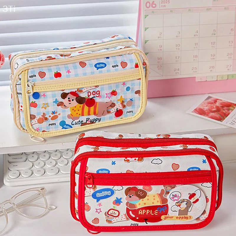 Cute Cartoon Puppy Pencil Case Multilayer Large Multi-Functional Mechanism Kawaii Student Pencil Box Stationery Storage Box
