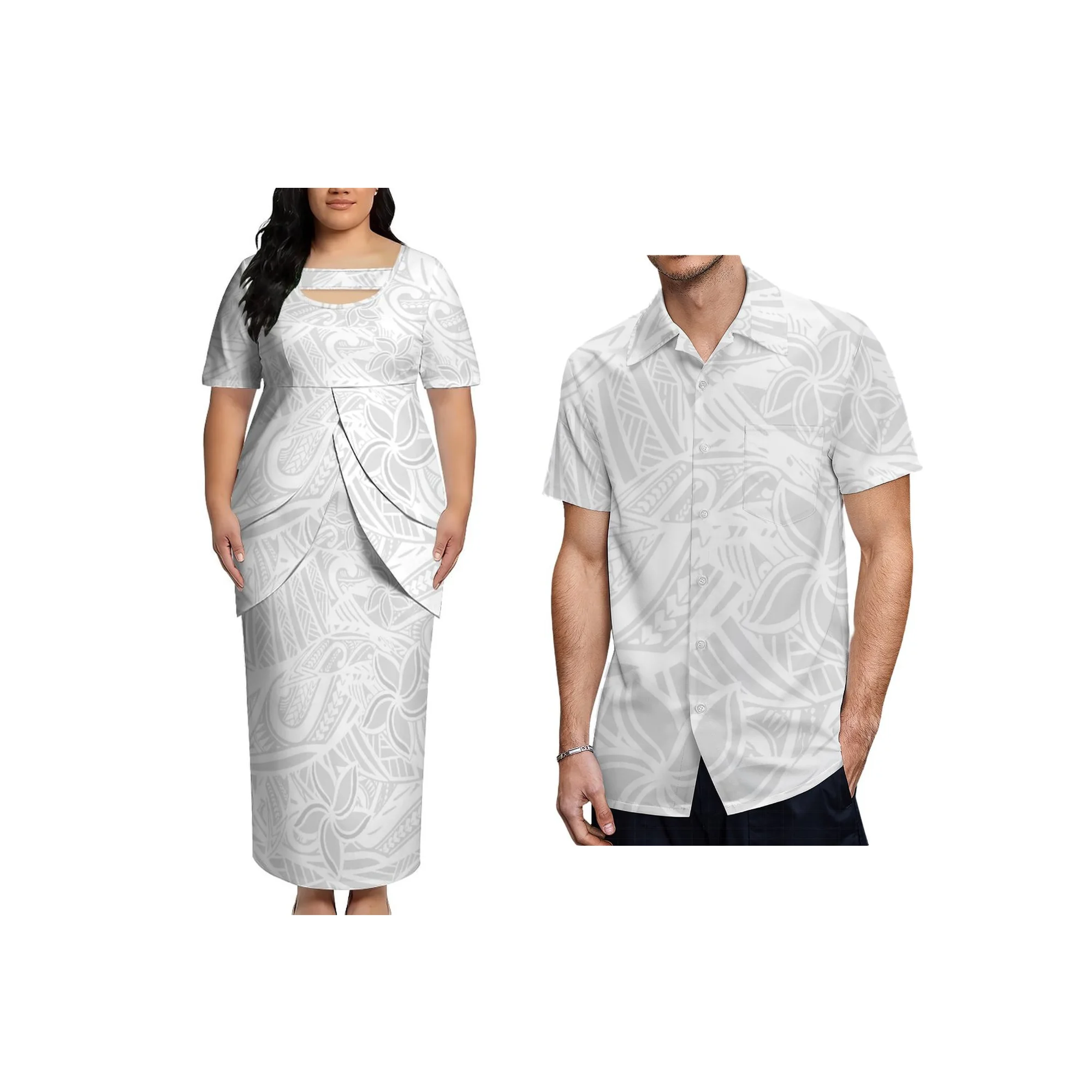 

Custom Women Plus Size White SundayIsland Tribal Print Dress Two Piece Overlay Maxi Dress with Cutout Samoa Puletasi Dress