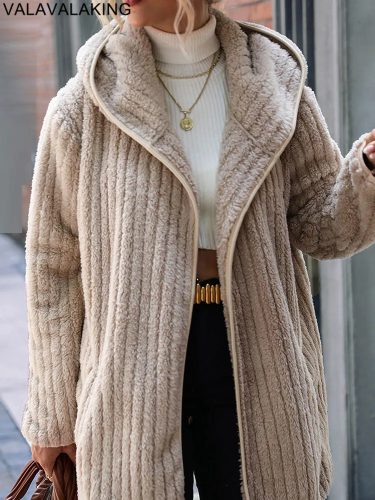 2025 Autumn Winter Long Sleeve Women Jacket Thick Plush Hooded Warm Casual Solid Coat Soft Loose Cardigan Lady No Buttons Coat