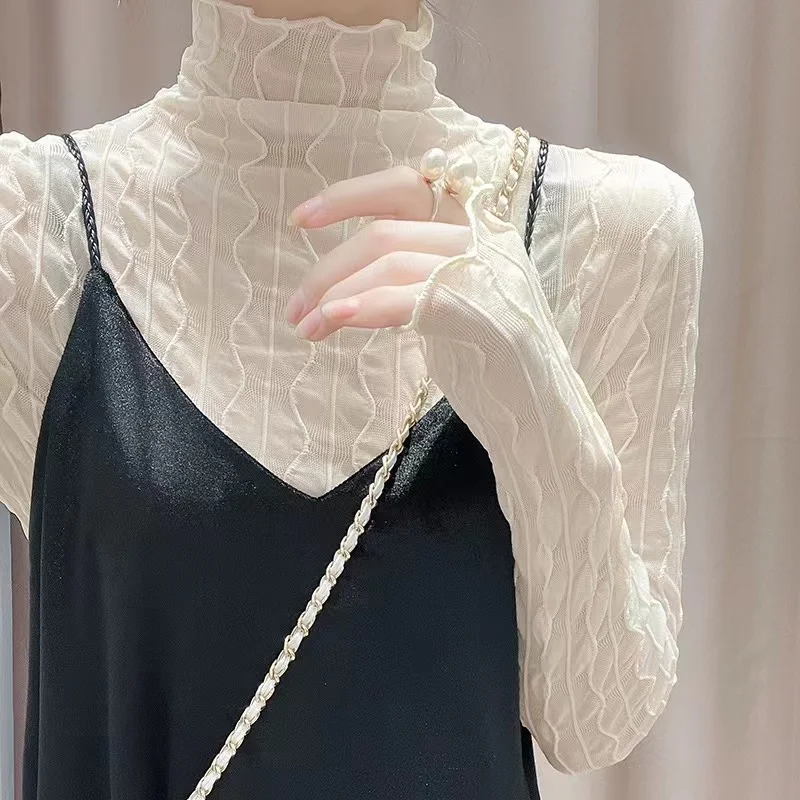 레이스 베이스 이르트 봄 가을 신상 튼튼한 스웨터 이너 네트 하이 칼라 롱 슬리브 다용도 탑 물결무늬 스트라이프