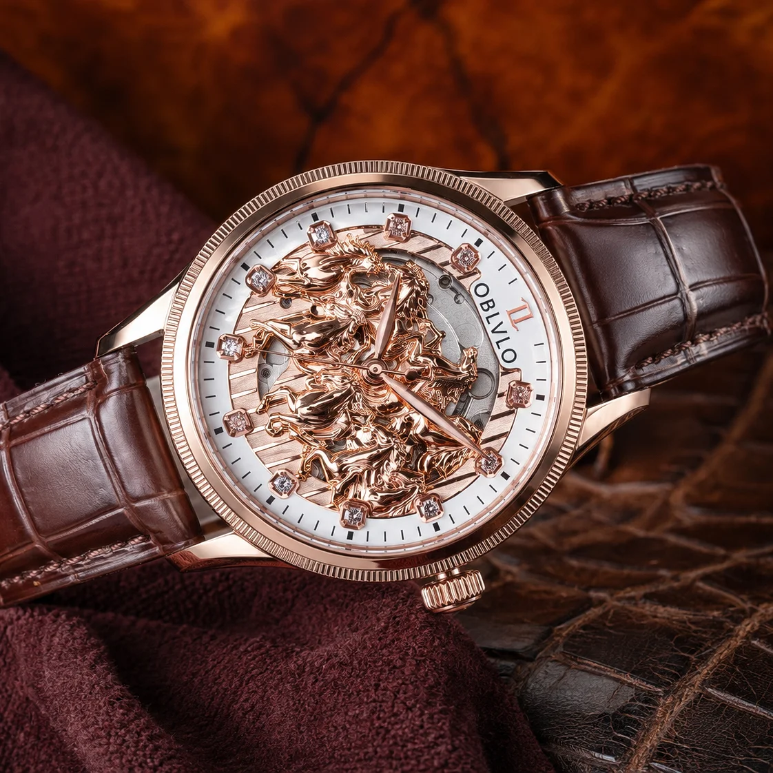 OBLVLO Men's 3D Sculpted Horse Relief Multi-Layer Dial Mechanical Watch with Crocodile Pattern Leather Strap Automatic Timepiece