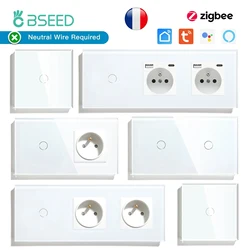 BSEED Zigbee Touch Switches 1/2/3Gang Tuya Smart Life Alexa App Control With French Wall Sockets Type-c USB Charging Ports