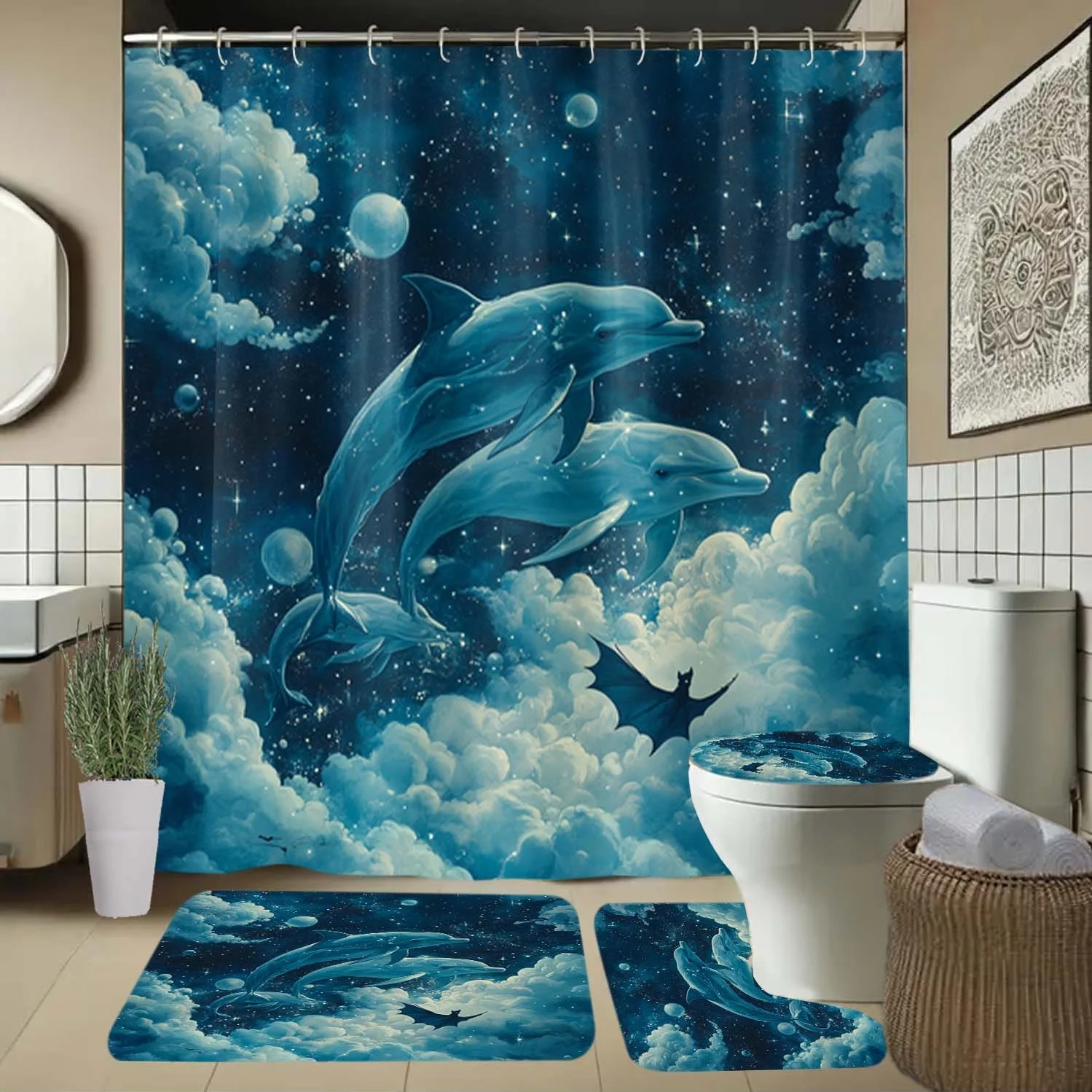 

4 шт., занавеска для душа с узором дельфина, облака, звездного неба и крючками, занавеска для перегородки ванной комнаты, аксессуары для ванной комнаты, дом