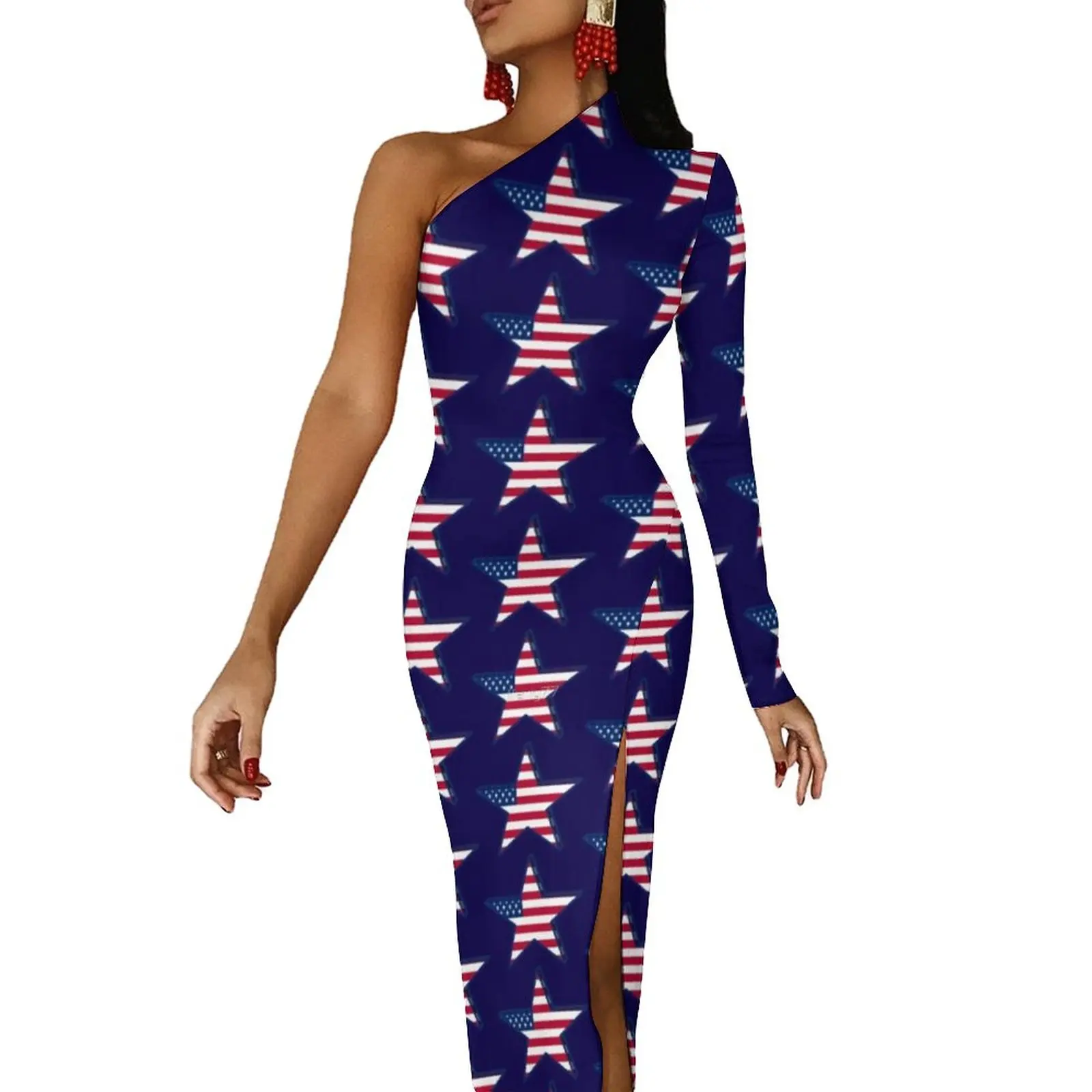 

USA American Flag Maxi Dress Long Sleeve Star Print Patriotic Night Club Bodycon Dress Street Style Long Dresses Graphic Vestido