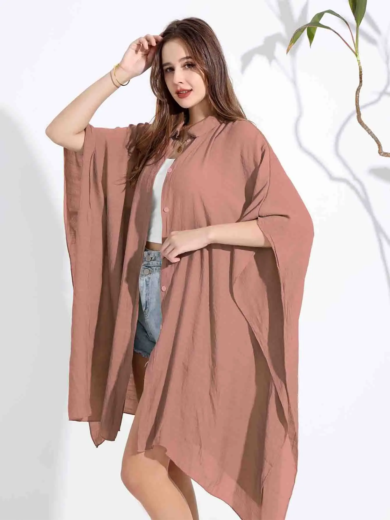 2025 Summer Beach Shawl . Bamboo Cotton Sunbreaker. Bikini Cardigan Shirt Neck Coverup Women 13 Colors