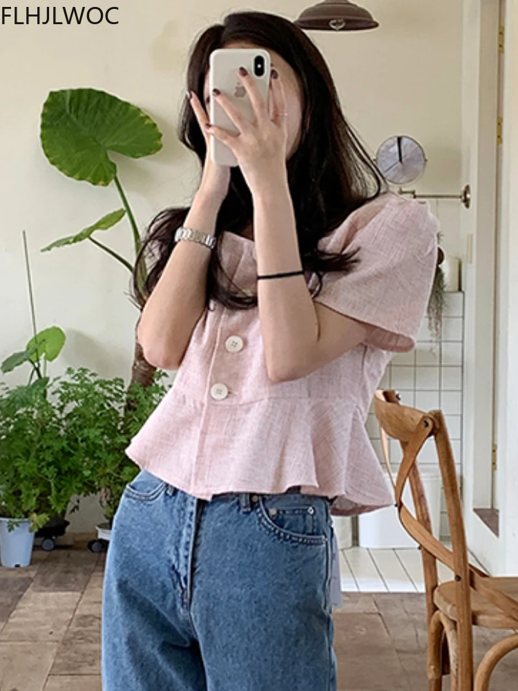 Retro Vintage Chic Square Neck Collar Tops Hot Women Summer Short Sleeve Korea Japan Style Button Blouse Shirts