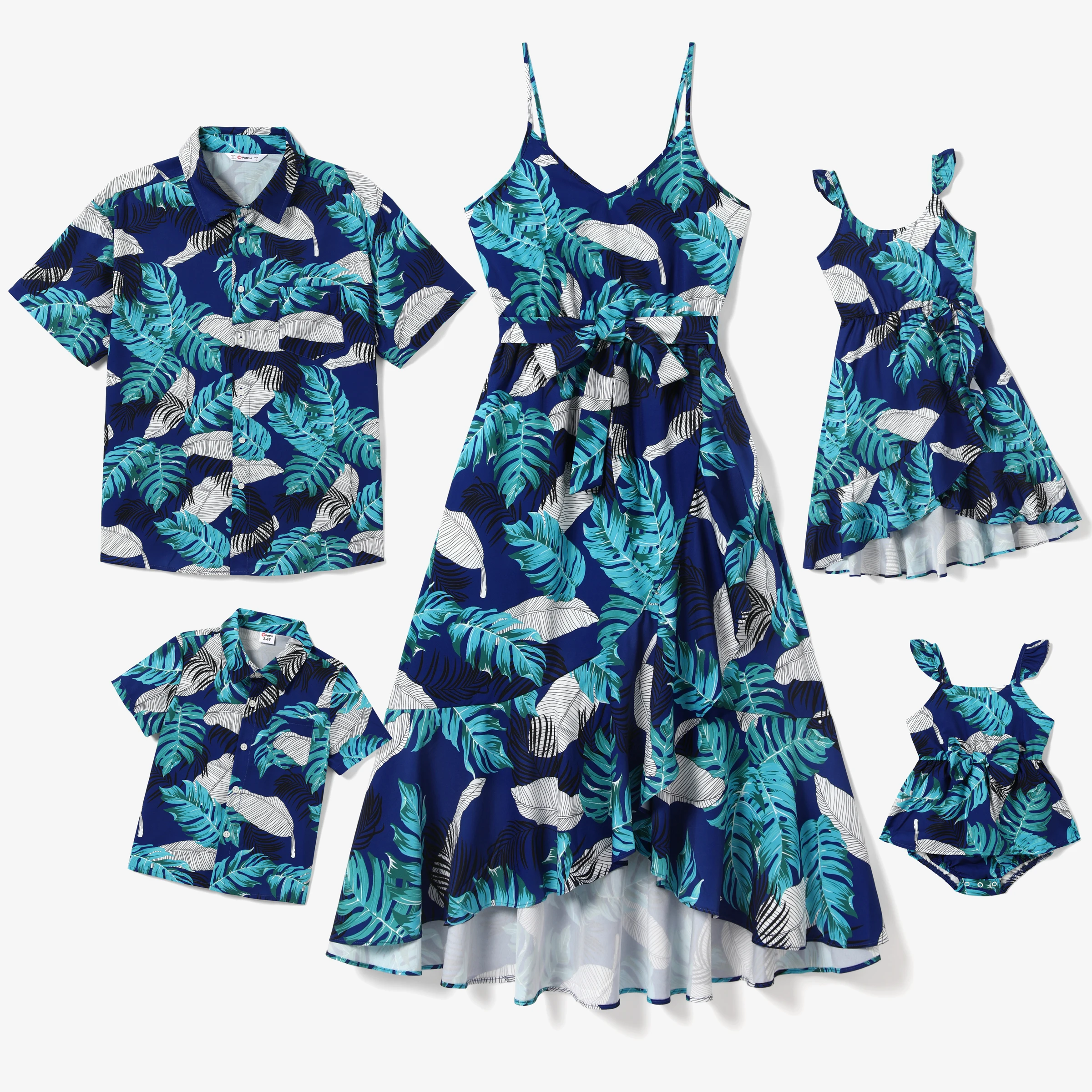 PatPat Family Matching Feather and Leaf Pattern Wrap Strap Dress and Beach Shirt Sets