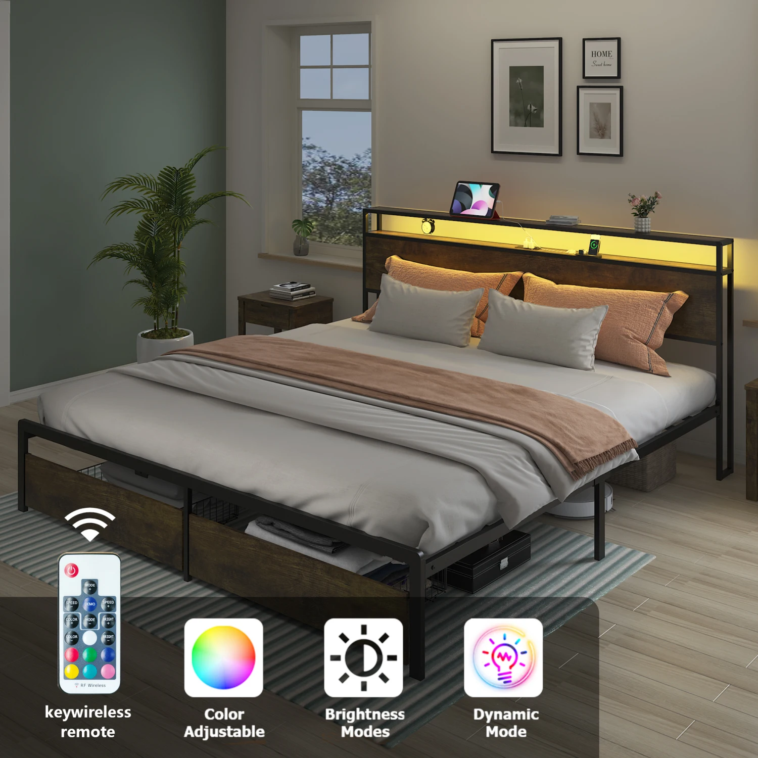

King Bed Frame with LED Lights and Charging Station - Robust Metal Wood Construction, Rustic Wood Platform Bed Frame with 2 Draw