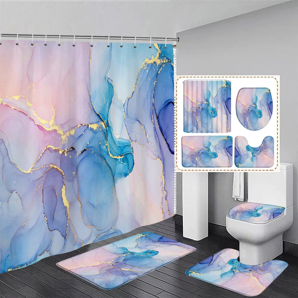 Abstract Blue Marble Shower Curtain Set Gold Line Ink Texture Art Modern Luxury Home Bathroom Decor Bath Mats Toilet Lid Cover