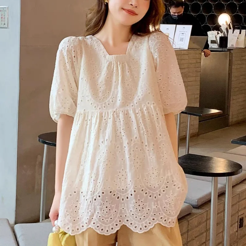 

Fashion White Hollow Out Women Blouses 2025 Summer Short Sleeve Shirt Puff Sleeve Casual Loose Clothing