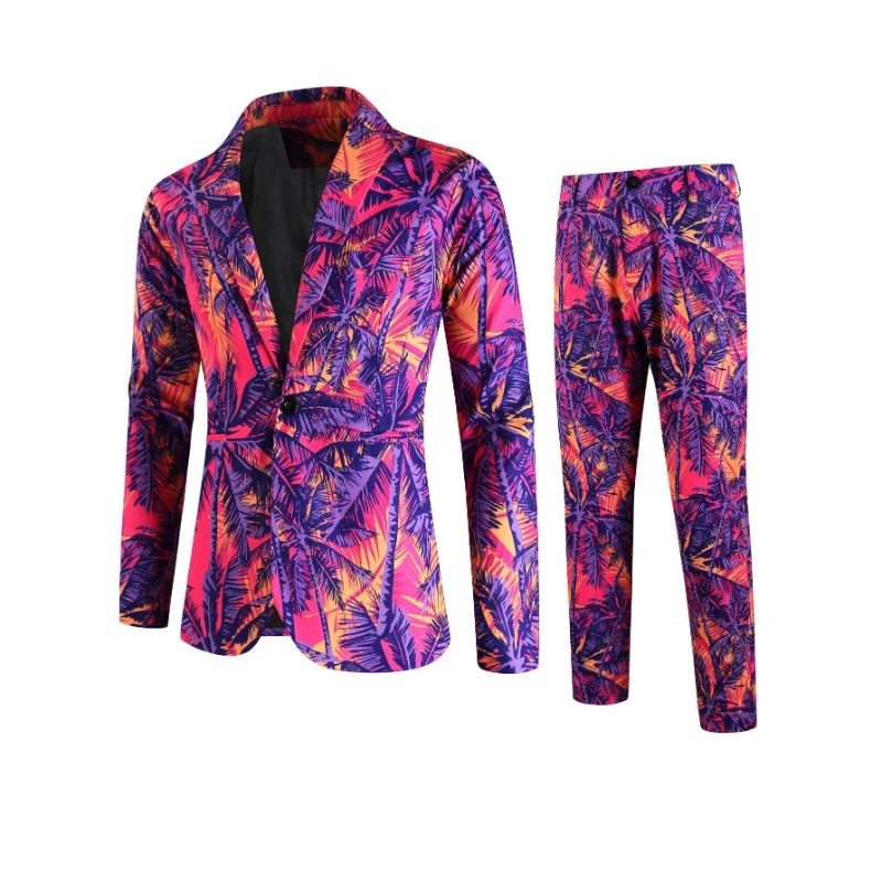 

Vibrant Pink Purple Yellow Palm Tree Print Men's Suit 2 Piece Slim Fit Blazer Pants for Beach Wedding