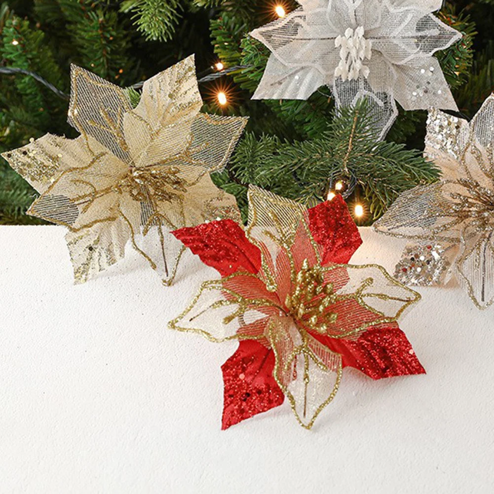 Hanging Xmas Party Tree Decoration Christmas Flower Flower Flower Diameter 18cm Glitter Flower Pole Length 12cm
