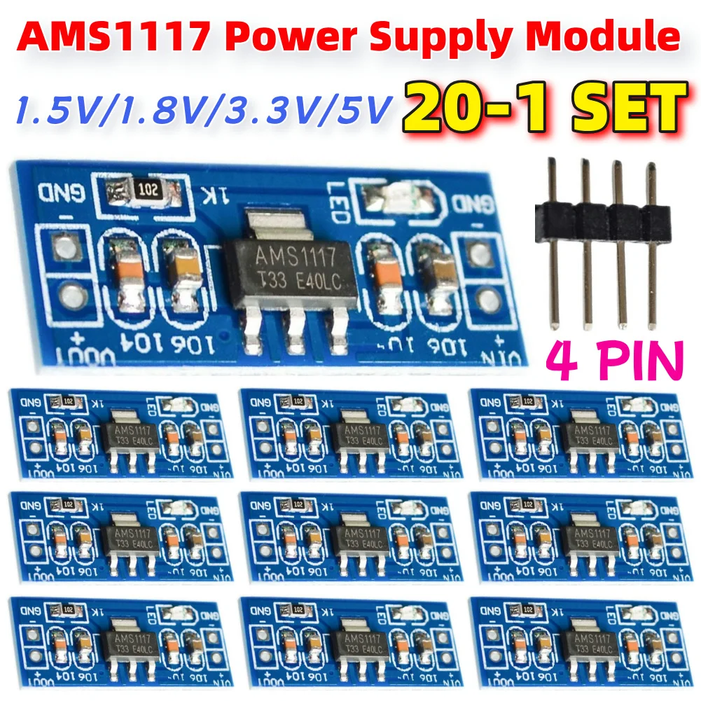 20-1SET AMS1117 Fixed Voltage Regulator 1.2V 1.5V 1.8V 2.5V 3.3V 5V Step-Down Linear Voltage Regulator 4 Pin Module for DIY Kit