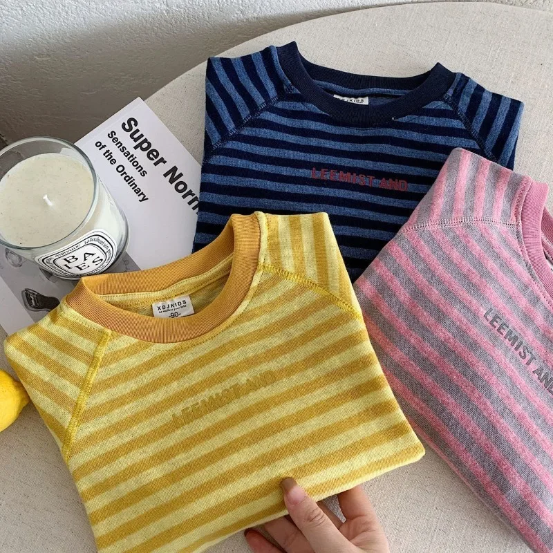 BELLBELL Kinder Jungen Langarm-T-Shirts für den Herbst mit Buchstaben-Print, gestreifte T-Shirts für Kleinkinder, lässige Pullover für kleine Jungen – Detail 8