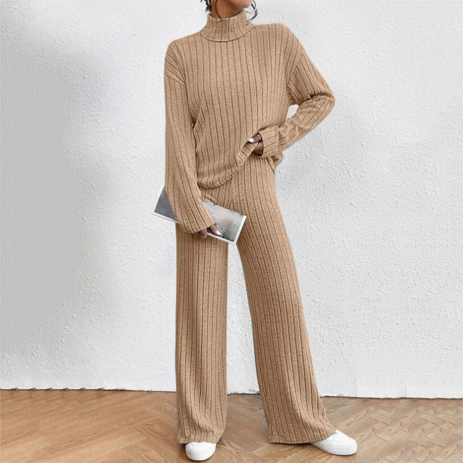 Solid Color Turtleneck Pullover And Straight-Leg Pants Knitted Sets Winter Female Warm Sweater Suits Casual Trousers Outfits