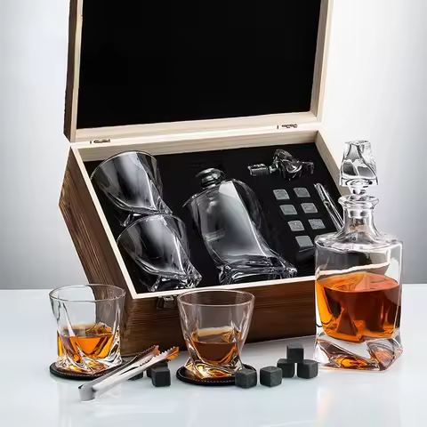 Whiskey Decanter and Stones Gift Set for Men-Crystal Decanter &amp;Glasses,8 Stone Cubes,Leather Coasters,Tong in Pinewood Gift Box