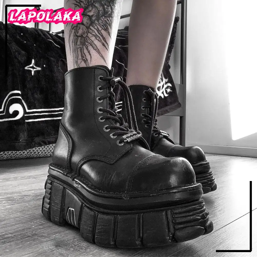 Brand New Autumn Rock Ankle Boots Gothic Street Chunky Heels Platform Motorcycle Short Boots Female Matal Winter Shoes For Woman