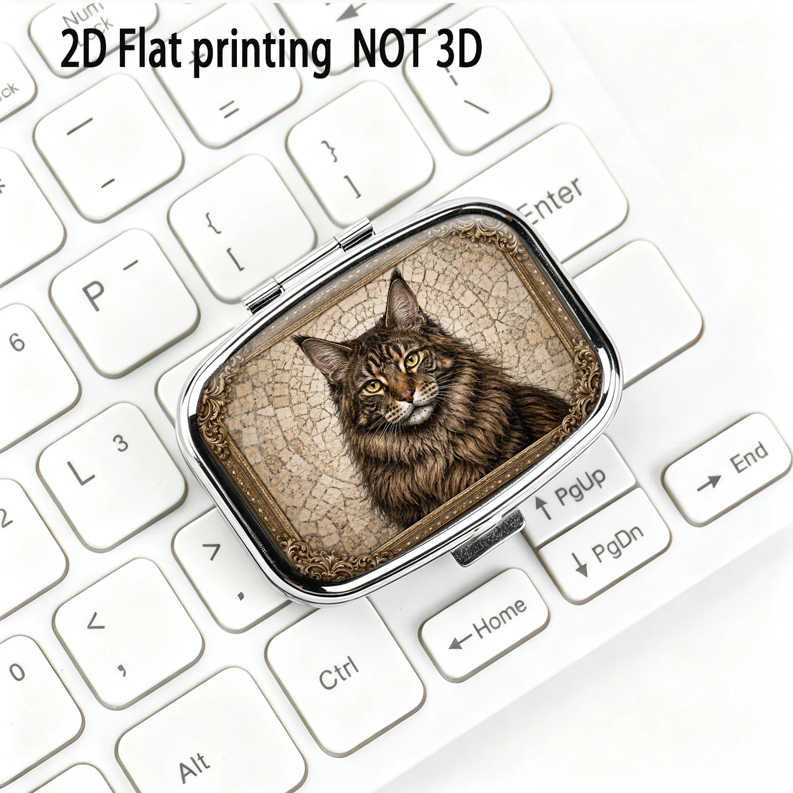 Vintage Cracked Border Long-Haired Maine  Cat Portrait Oil Painting Pattern, Small Square Two-Compartment Pill Organizer, Portable Medicine Storage, Can Also Be Used as a Home Portable Organizer, Decorative Box, Perfect for Handbags, Wallets, and Travel, Metal Storage Box, Small Jewelry Organizer, Holiday Gifts, Souvenirs, Prizes, Small Gifts