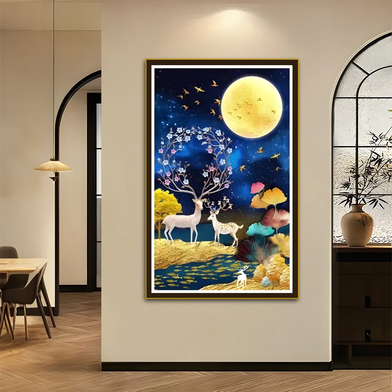 European-Style Dreamy Night Scene Deer and Starry Sky Cross-Stitch Kit, Handmade Embroidery DIY Material Set, Moon and Ginkgo Tree, Precision Printing, Living Room Entrance Decoration Wall Art