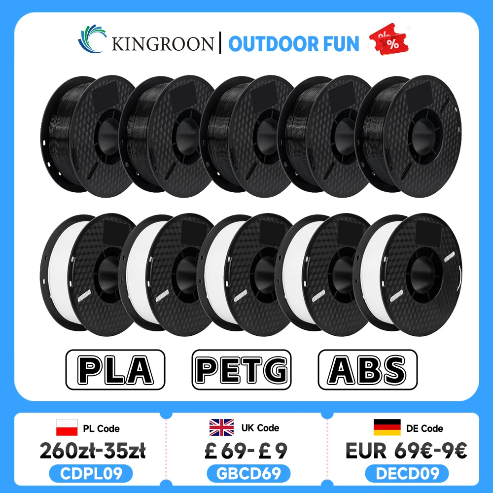 KINGROON 10KG PLA/ ABS/ PETG Filament 1.75mm Black White Gray , Wholesale 10 Rolls PLA ABS PETG Plastic For 3D Printer