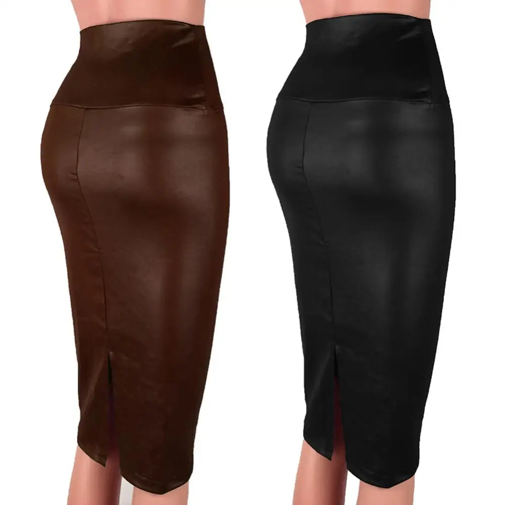 Moda elegante cintura alta divisão saia de couro falso feminino na altura do joelho bodycon saia lápis