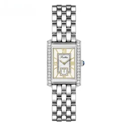 Vintage Luxury Stainless Steel Women Quartz Watches Roman Numeral Index Rectangular Diamond Bezel Waterproof Ladies Wristwatch